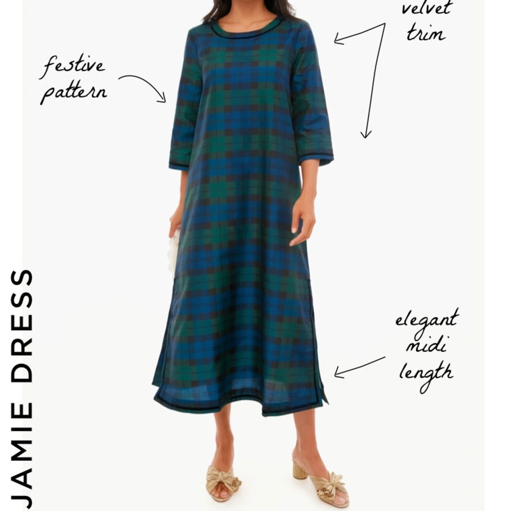 TUCKERNUCK Jamie Plaid Midi Dress – Velvet Trim • XXL • Preppy / Classic